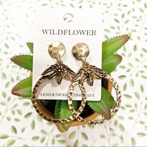 Floral gold tone brushed hoop statement earrings